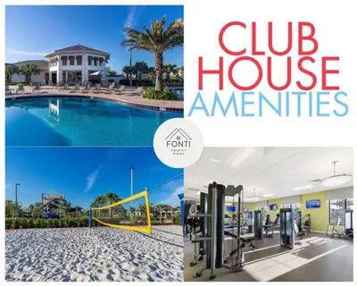 a collage of photos of a club house with a pool at Brand New Lakeview Storey Lake Resort Disney 3121-103 in Kissimmee