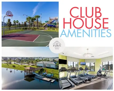 a collage of photos of a house with a basketball court at Modern Storey Lake Resort Disney Orlando 3171-304 in Kissimmee