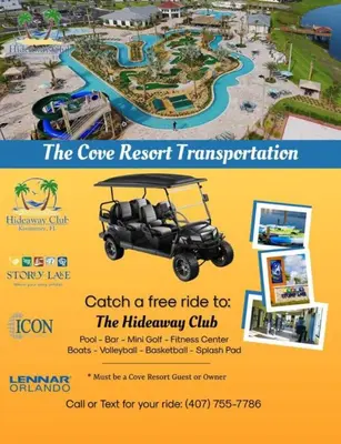 a flyer for the cove resort transportation with a golf car at Modern Boho Storey Lake Resort Disney 3180-207 in Kissimmee