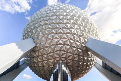a view of a large metal ball against a blue sky at Disney's All-Star Movies Resort in Orlando