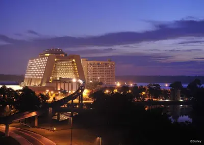 a view of a city at night with buildings at Disney's Contemporary Resort in Orlando