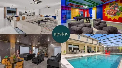 a collage of photos of a living room and a pool at Luxury Home - ALL the extras - Sleeps 39 in Kissimmee