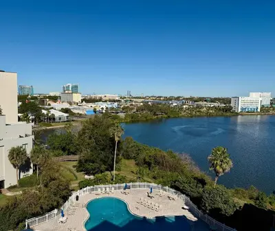 an aerial view of a lake with a resort at 29-Universal, International Dr,Convention Center in Orlando