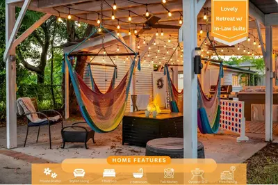 a patio with two hammocks and a table and chairs at Tiny Home w MIL suite - 3 MI to DT in Orlando