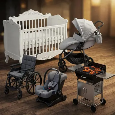 two baby strollers and a crib with a tray of food at Chatham House in Kissimmee