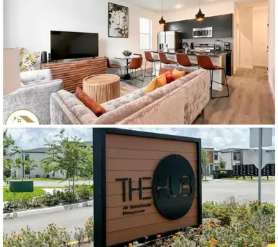 two pictures of a living room and a dining room and kitchen at New 3BD3BA Townhouse Themed Near Disney in Kissimmee