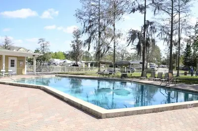 a large swimming pool in a yard with chairs at The Pink House of Celebration in Kissimmee