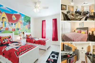 a collage of pictures of a bedroom with two beds at Windsor Hills Getaway: Condo with Water Park in Orlando