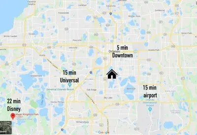 a map showing the approximate location of a synagogue at Large Deck, Lakefront, Yard Games in Orlando