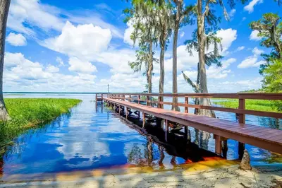 a wooden bridge over a body of water at Hook's Cabin- Lake & Pool Near Disney A-frame in Clermont