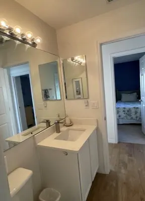 a bathroom with a sink and a toilet and a mirror at Hidden Waterfront Oasis - 18 Minutes To The Disney in Orlando