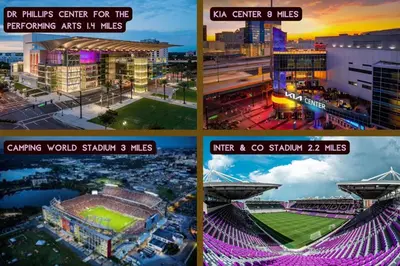 a collage of four pictures of a soccer stadium at The Catherine - 1 mile to downtown - 2 King beds - Sleeps 5 in Orlando
