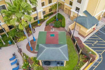 an overhead view of a building with a basketball court at Cozy Orlando Getaway with Pool Access in Orlando