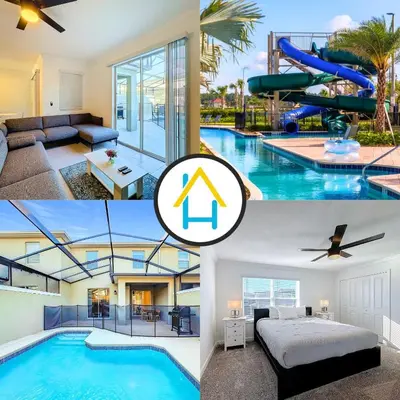 a collage of photos with a pool and a house at Incredible Family Retreat with PS5 Private Pool and access to 2 Clubhouses in Kissimmee