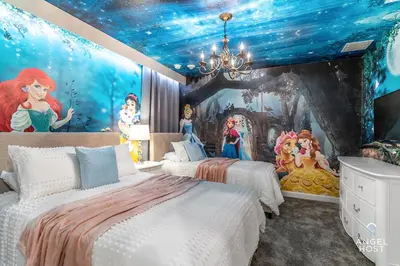 a bedroom with two beds and a disney mural at In-Home Arcade, Themed Bedrooms, Resort Lazy River in Kissimmee
