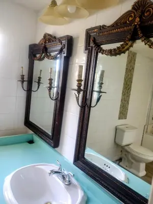 a bathroom with a sink and a mirror and a toilet at A peaceful living vibe in Orlando