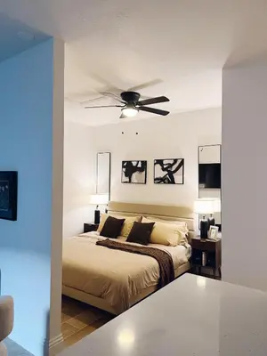 a bedroom with a bed with a ceiling fan at Modern Guesthouse near MCO in Kissimmee