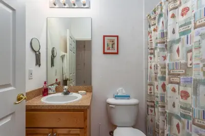 a bathroom with a toilet and a sink and a mirror at Orlando Villa 6426: Cumbrian Lakes Pool Spa Retreat in Kissimmee