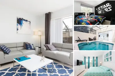 a living room with a couch and a pool at Cozy 3 Bedroom Haven in Orlando6497 in Orlando