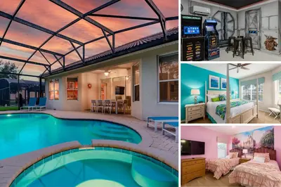 a collage of pictures of a house with a swimming pool at Orlando Oasis: 5 Bed Villa6504 in Orlando