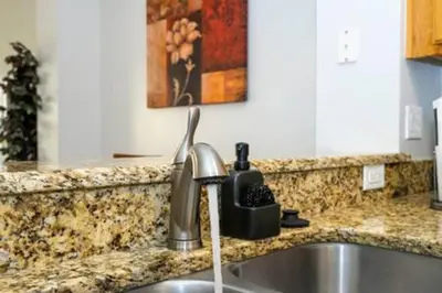 a kitchen sink with a faucet on a counter at Cozy 3 BR wprivate pool in Kissimmee