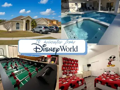 a collage of pictures of a pool and a house at Fun Disney Oasis Pool House with Spa Game Room Kids Playground and 10 min from Disney in Kissimmee