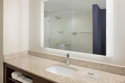 a bathroom with a sink and a large mirror at Residence Inn by Marriott Orlando Downtown in Orlando