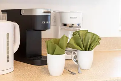two plants in white cups next to a coffee maker at Pool home close to Golfing and Theme parks in Orlando