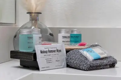 a counter with some products on top of a counter at Magical serenity 3 bedroom pool home in Orlando