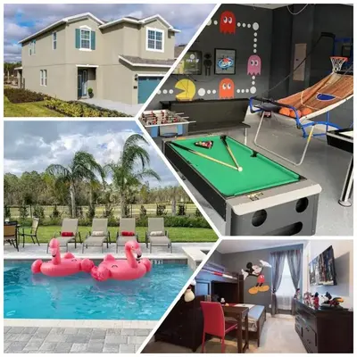 a collage of pictures of a house with a pool table at Luxury 6BD Encore Resort Disney Pvt Pool Game Room Near Disney Water Park in Orlando