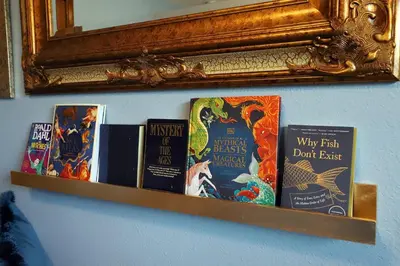a shelf with books on a wall with a mirror at Waterfront 6-Bedroom Wizarding Villa in Lake Berkley Near Universal Studio's Harry Potter in Kissimmee