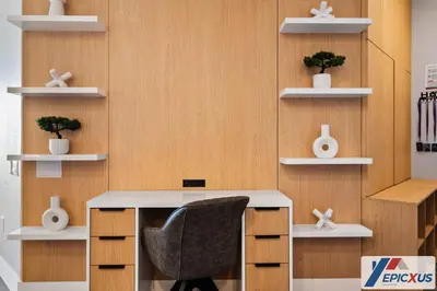 an office with a desk and a chair and shelves at The Epic Cork Vista Cay Orlando in Orlando