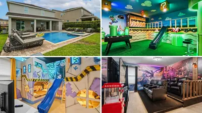 a collage of pictures of a house with a pool at 8 Bedroom 6.5 Bathroom Encore at Reunion 7644 in Orlando