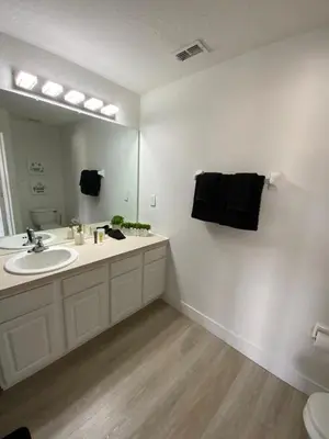 a bathroom with a sink and a large mirror at Townhome in Orlando