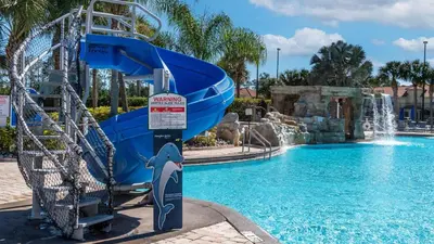 a dolphin water slide in a pool at a resort at CUP8949 in Kissimmee