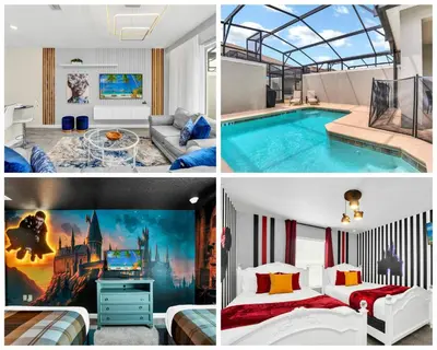 a collage of three pictures of a hotel room at Beautiful Disney House at Storey Lake in Kissimmee