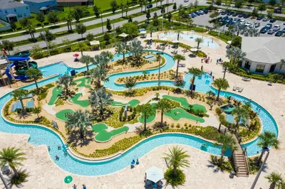 an overhead view of a pool at a resort at Beautiful Disney House at Storey Lake in Kissimmee