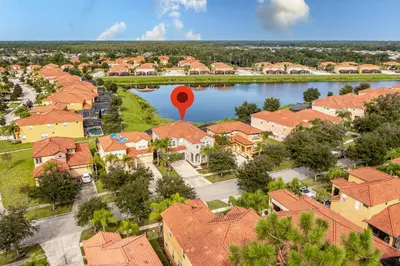 an aerial view of a suburb with a red balloon at Gorgeous Villa with Pool and Spa in Kissimmee