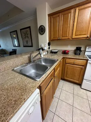 a kitchen with a stainless steel sink and wooden cabinets at Heron Lake in Orlando