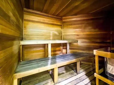 an empty wooden sauna with a bench in it at CCL8536 in Kissimmee