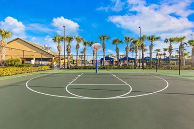 a basketball court with palm trees and a basketball hoop at Wonderful 4 bed Family Home with Private Pool in Kissimmee