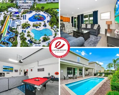 a collage of photos of a home with a pool and a house at Welcoming Home With Game Room And Private Pool With Water Park Access At Encore Resorts Reunion - 150Mn in Kissimmee