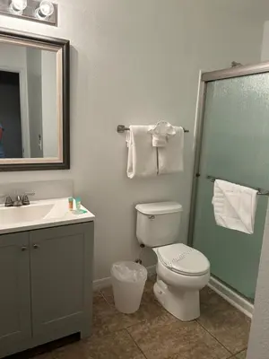 a bathroom with a toilet and a sink and a shower at Lovely Vacation Home with 3 bedrooms! in Kissimmee