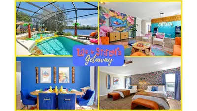 a collage of photos with a pool and a house at Lilo & Stitch Themed Villa 10 Min to Disney! Heated Pool & Game Room in Orlando