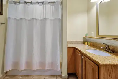 a bathroom with a shower curtain and a sink at Disney Dream Condo & Lake View Awaits! in Orlando