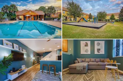 a collage of pictures of a house with a swimming pool at Magic Starts Here! Minutes to Disney Land in Orlando