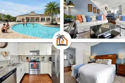 a collage of photos of a kitchen and a living room at Charming Oasis with King Bed Close to Disney 4BR in Kissimmee