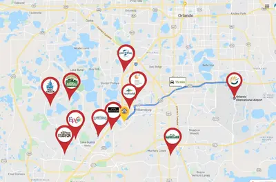 a map of the locations of the parks on google maps at King Room with Bathroom near Convention Center & Epic Universe in Orlando