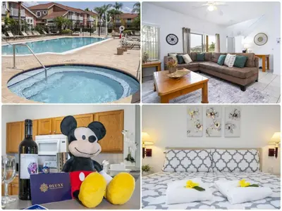 a collage of pictures of a house with a pool at Charming Vacation Home 9 miles From Disney 1065 in Kissimmee