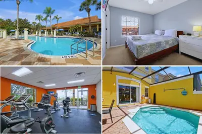 a collage of photos of a hotel room with a swimming pool at Encantada Resort 10 minutes to Disney w/ Pool in Kissimmee
